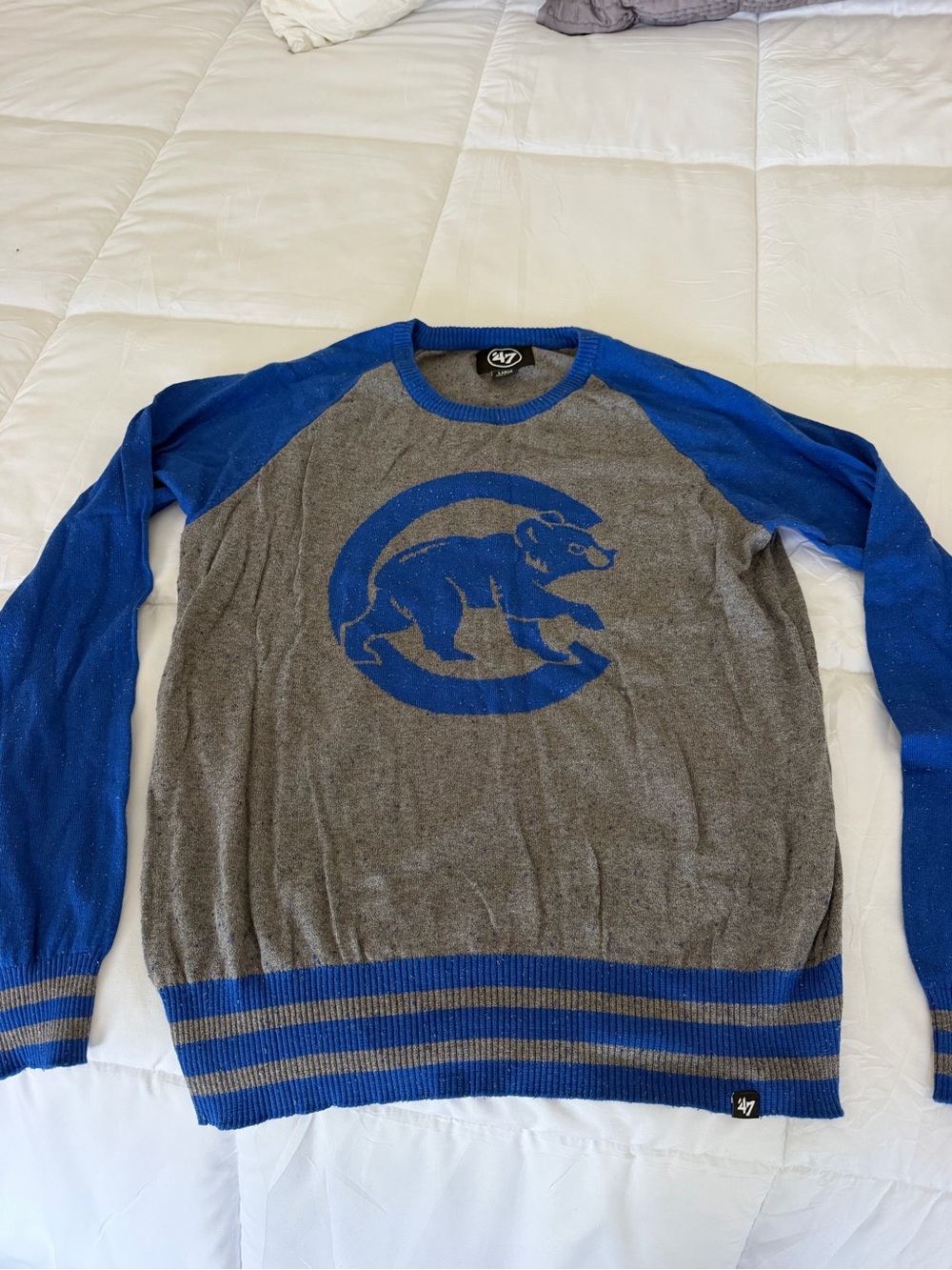 47 Women’s Gray and Royal Blue Crewneck Sweater with Bear Logo